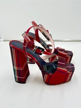 Hill House The Party Platform Red Tartan Chunky Block Heels Italy EU 36.7 US 6